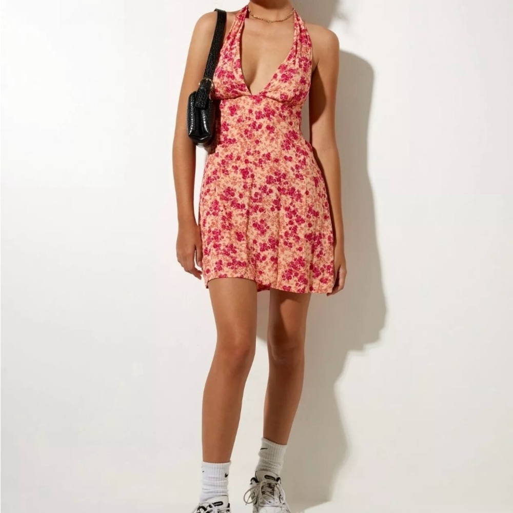 MOTEL ROCKS Leana Mini Dress in Dark Wild Flower Cantaloupe deep v-neck small